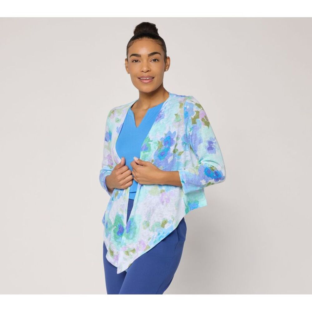 Susan Graver Women's Top Sweater Sz L Printed Knit Sleeve Shrug Blue